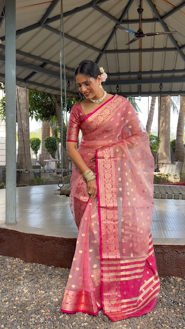 Pink_Glamorous_Ready_To_Wear_Soft_Organza_Silk_Saree_With_Blouse_Piece_For_Women