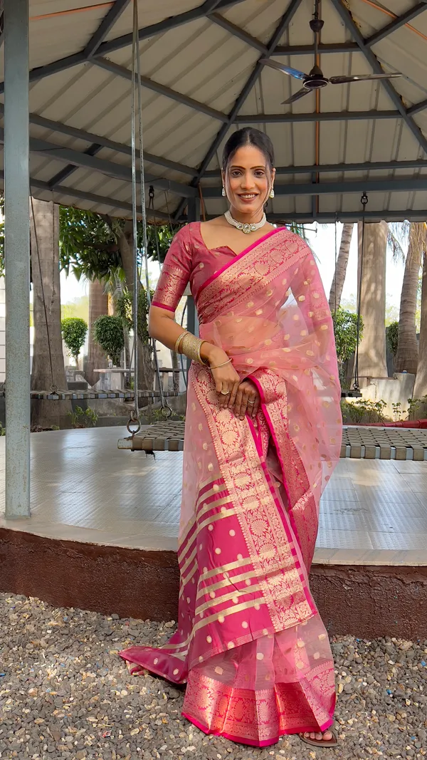 Pink_Glamorous_Ready_To_Wear_Soft_Organza_Silk_Saree_With_Blouse_Piece_For_Women