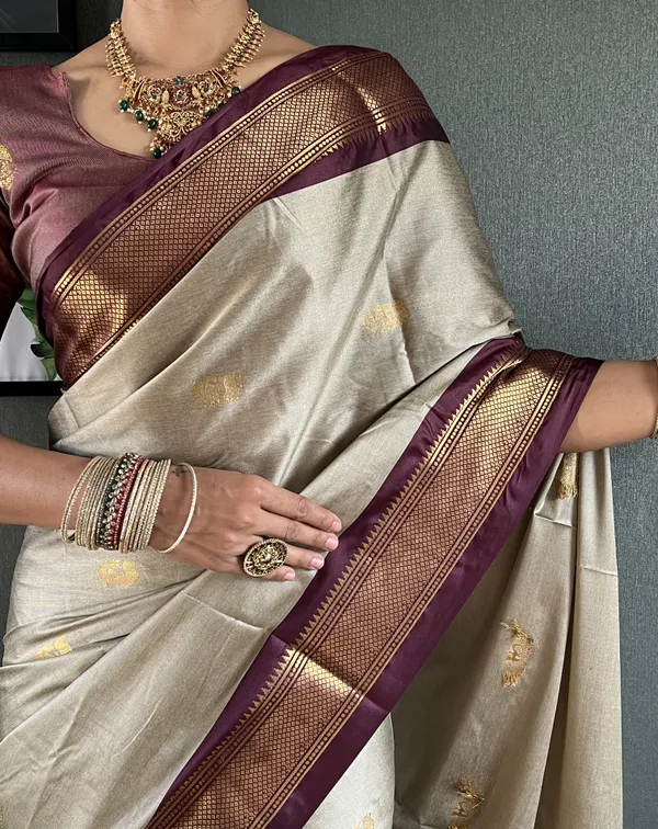Chiku_Brown_Ready_To_Wear_Pure_Kanjivaram_Silk_Saree_With_Blouse_Piece_For_Women