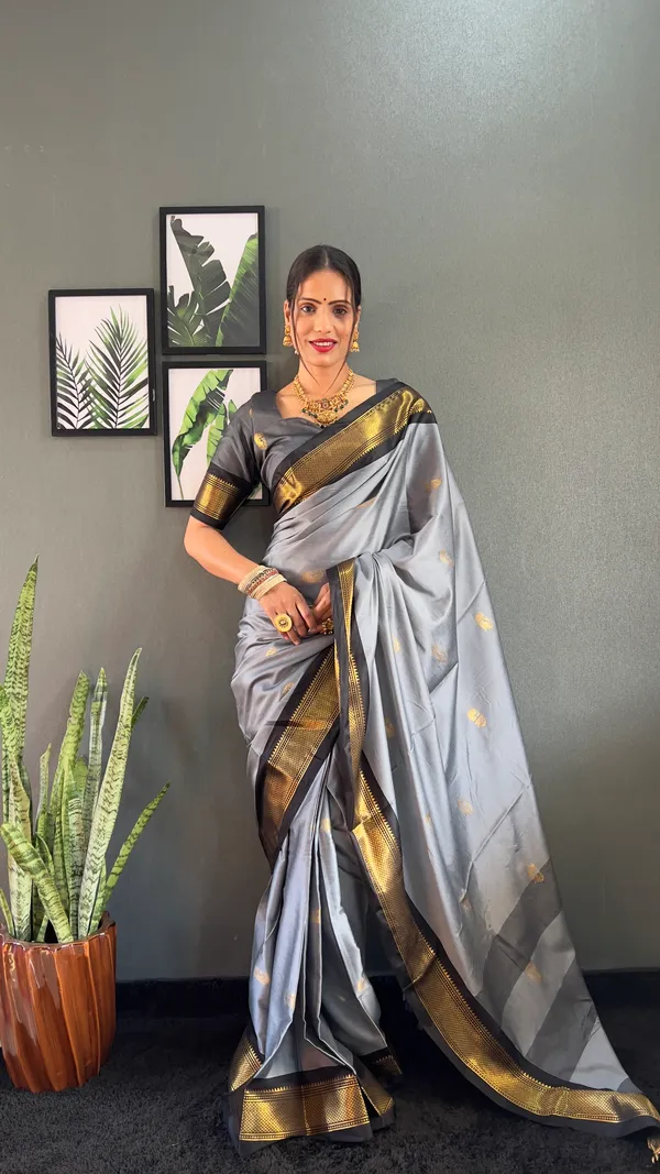 Grey_Black_Ready_To_Wear_Pure_Kanjivaram_Silk_Saree_With_Blouse_Piece_For_Women