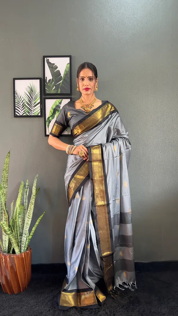 Grey_Black_Ready_To_Wear_Pure_Kanjivaram_Silk_Saree_With_Blouse_Piece_For_Women