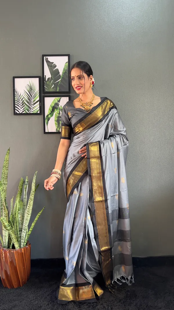 Grey_Black_Ready_To_Wear_Pure_Kanjivaram_Silk_Saree_With_Blouse_Piece_For_Women
