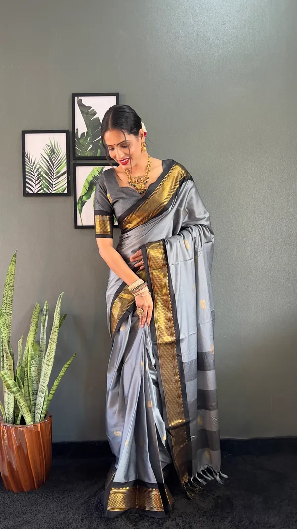 Grey_Black_Ready_To_Wear_Pure_Kanjivaram_Silk_Saree_With_Blouse_Piece_For_Women