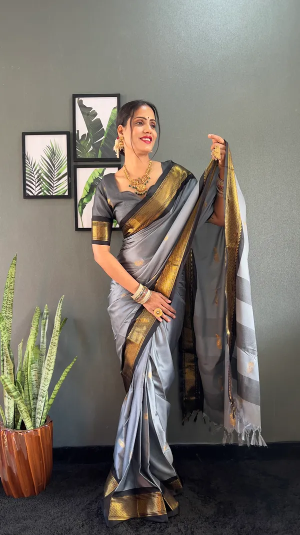 Grey_Black_Ready_To_Wear_Pure_Kanjivaram_Silk_Saree_With_Blouse_Piece_For_Women