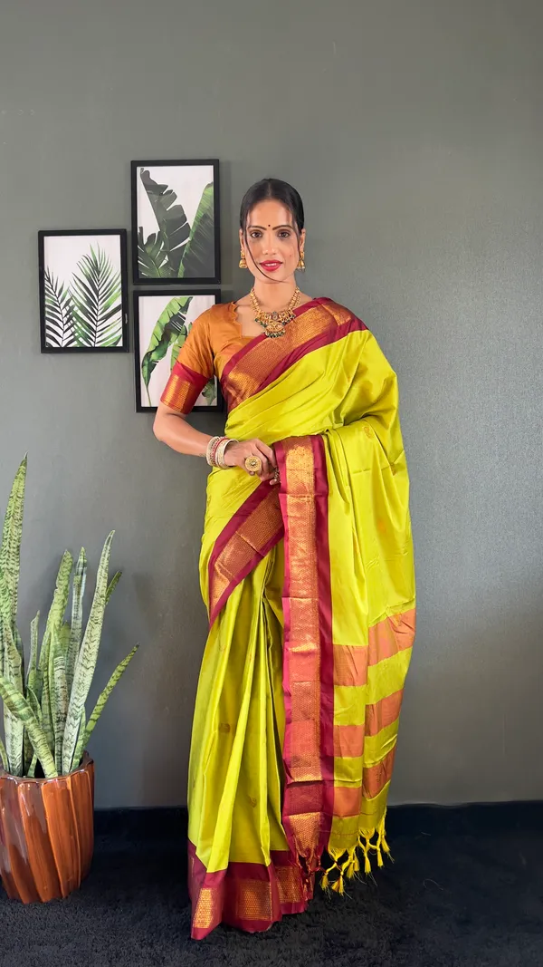 Lemon_Brown_Ready_To_Wear_Pure_Kanjivaram_Silk_Saree_With_Blouse_Piece_For_Women