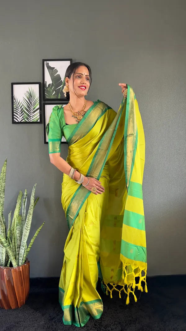 Lemon_Green_Ready_To_Wear_Pure_Kanjivaram_Silk_Saree_With_Blouse_Piece_For_Women
