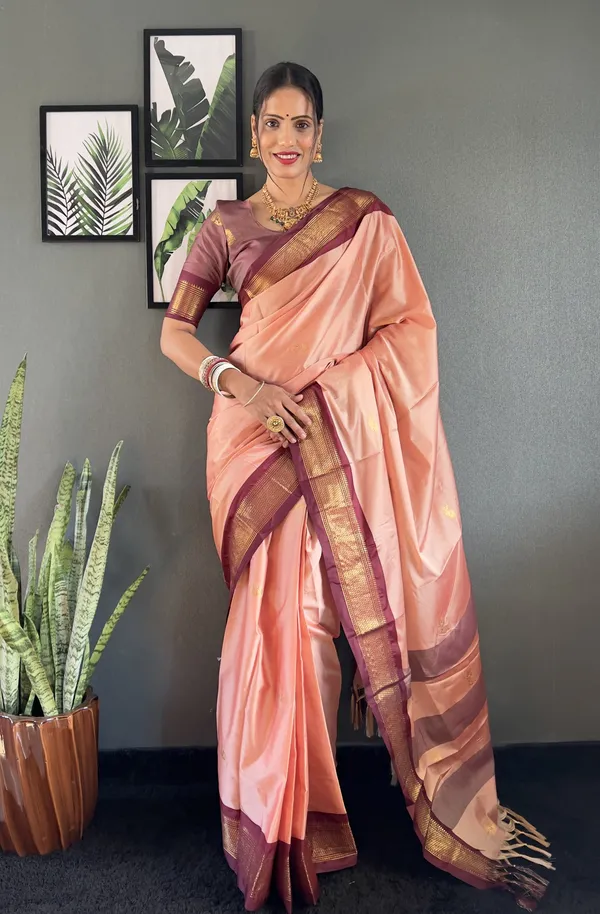 Peach_Brown_Ready_To_Wear_Pure_Kanjivaram_Silk_Saree_With_Blouse_Piece_For_Women