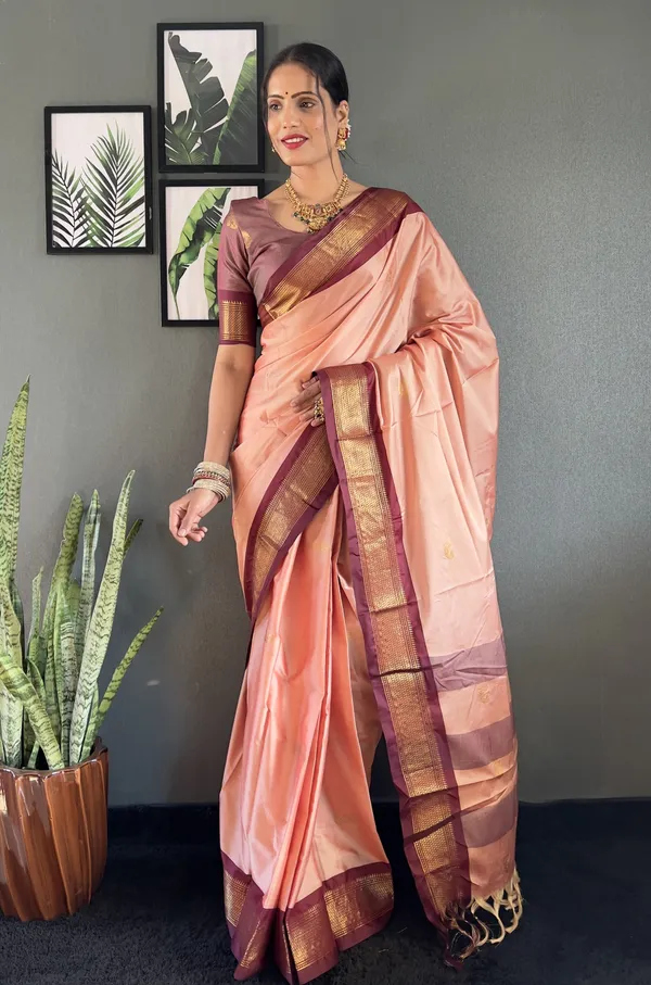 Peach_Brown_Ready_To_Wear_Pure_Kanjivaram_Silk_Saree_With_Blouse_Piece_For_Women