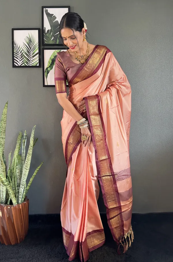Peach_Brown_Ready_To_Wear_Pure_Kanjivaram_Silk_Saree_With_Blouse_Piece_For_Women