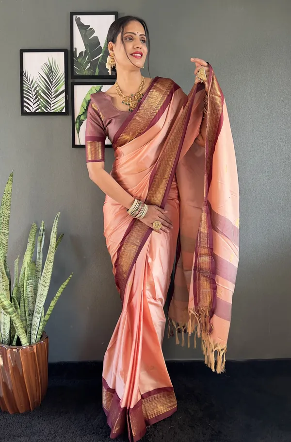 Peach_Brown_Ready_To_Wear_Pure_Kanjivaram_Silk_Saree_With_Blouse_Piece_For_Women
