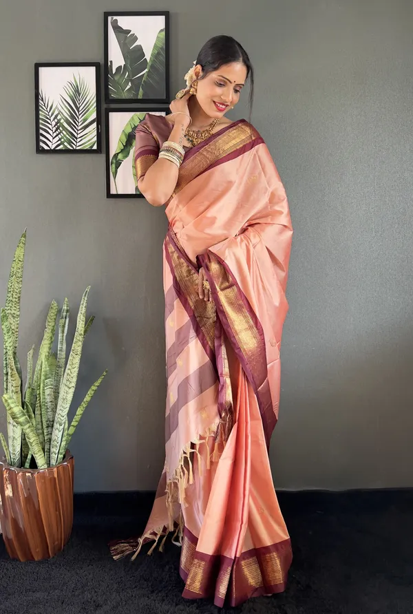 Peach_Brown_Ready_To_Wear_Pure_Kanjivaram_Silk_Saree_With_Blouse_Piece_For_Women