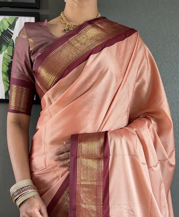 Peach_Brown_Ready_To_Wear_Pure_Kanjivaram_Silk_Saree_With_Blouse_Piece_For_Women