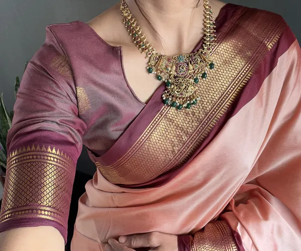Peach_Brown_Ready_To_Wear_Pure_Kanjivaram_Silk_Saree_With_Blouse_Piece_For_Women