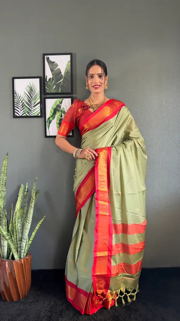 Pista_Red_Ready_To_Wear_Pure_Kanjivaram_Silk_Saree_With_Blouse_Piece_For_Women