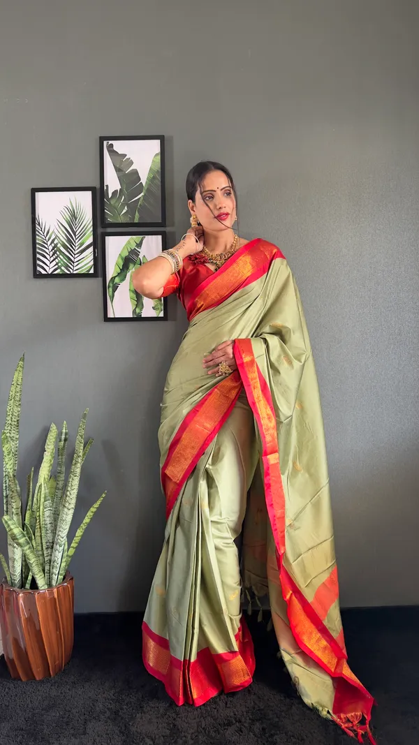 Pista_Red_Ready_To_Wear_Pure_Kanjivaram_Silk_Saree_With_Blouse_Piece_For_Women