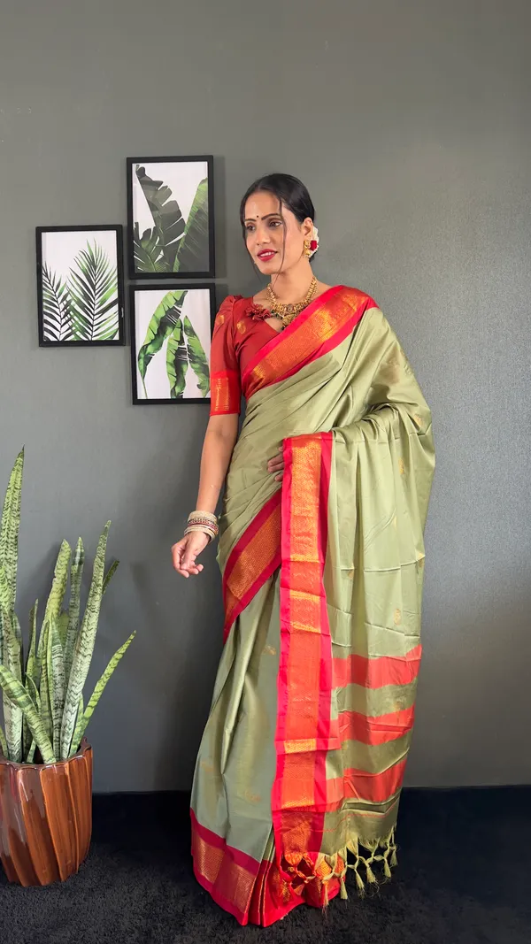 Pista_Red_Ready_To_Wear_Pure_Kanjivaram_Silk_Saree_With_Blouse_Piece_For_Women