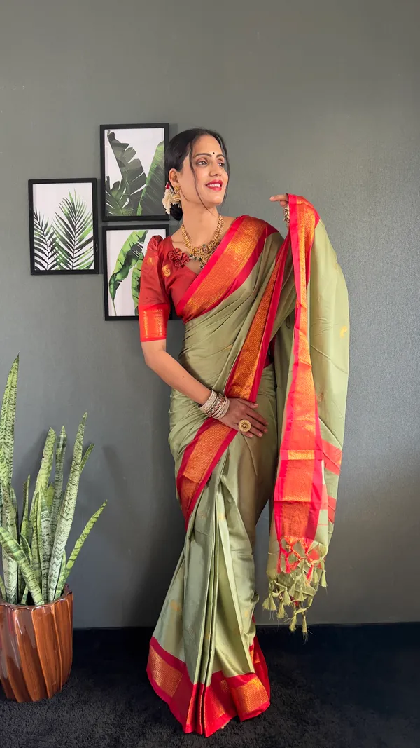 Pista_Red_Ready_To_Wear_Pure_Kanjivaram_Silk_Saree_With_Blouse_Piece_For_Women