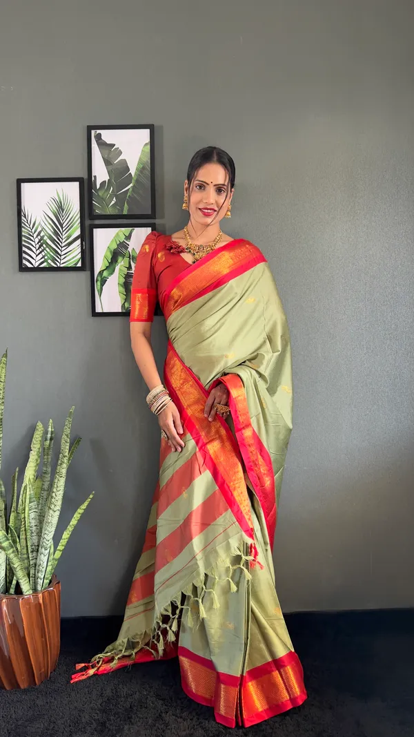 Pista_Red_Ready_To_Wear_Pure_Kanjivaram_Silk_Saree_With_Blouse_Piece_For_Women
