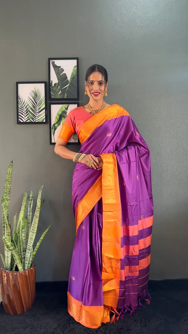 Purple_Orange__Ready_To_Wear_Pure_Kanjivaram_Silk_Saree_With_Blouse_Piece_For_Women
