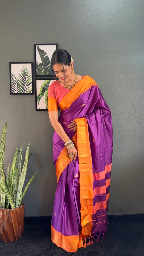 Purple_Orange__Ready_To_Wear_Pure_Kanjivaram_Silk_Saree_With_Blouse_Piece_For_Women