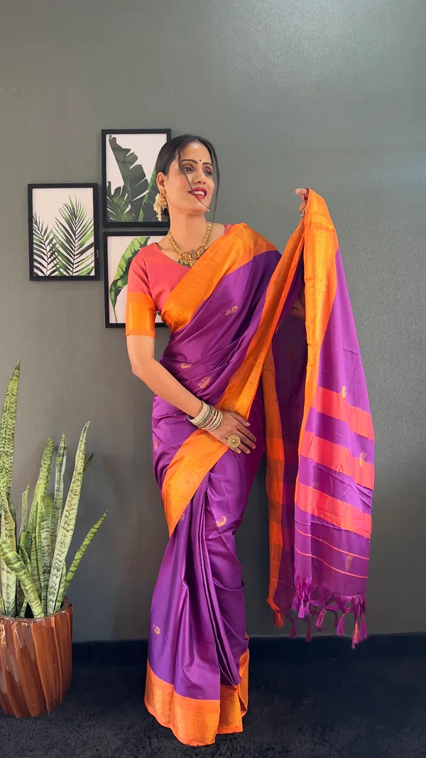 Purple_Orange__Ready_To_Wear_Pure_Kanjivaram_Silk_Saree_With_Blouse_Piece_For_Women