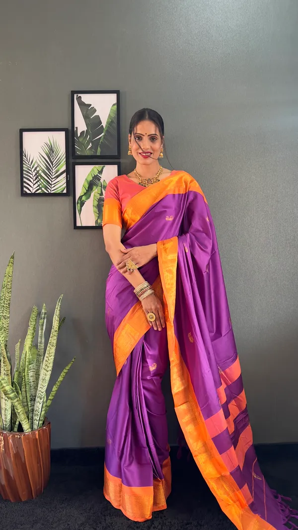 Purple_Orange__Ready_To_Wear_Pure_Kanjivaram_Silk_Saree_With_Blouse_Piece_For_Women