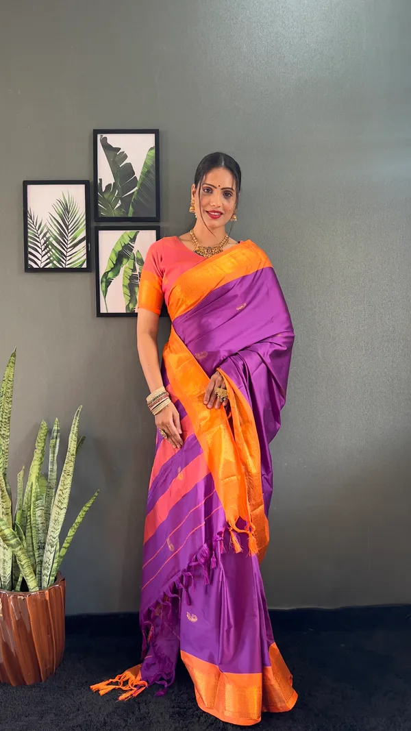 Purple_Orange__Ready_To_Wear_Pure_Kanjivaram_Silk_Saree_With_Blouse_Piece_For_Women