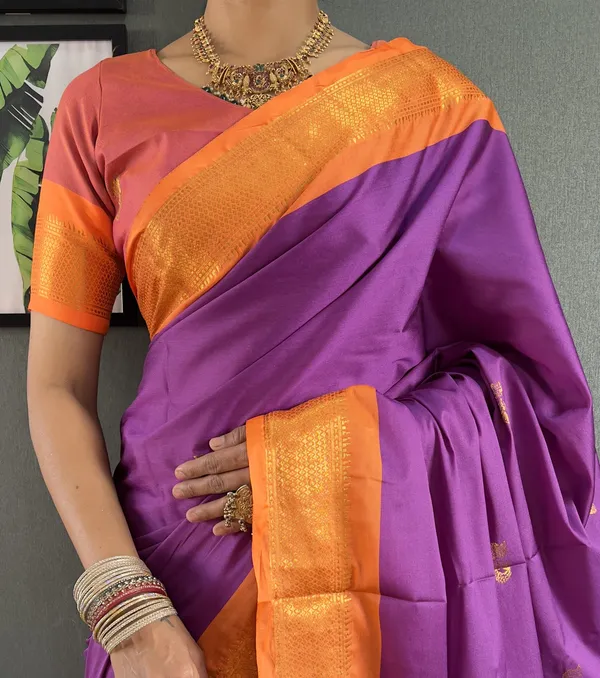 Purple_Orange__Ready_To_Wear_Pure_Kanjivaram_Silk_Saree_With_Blouse_Piece_For_Women