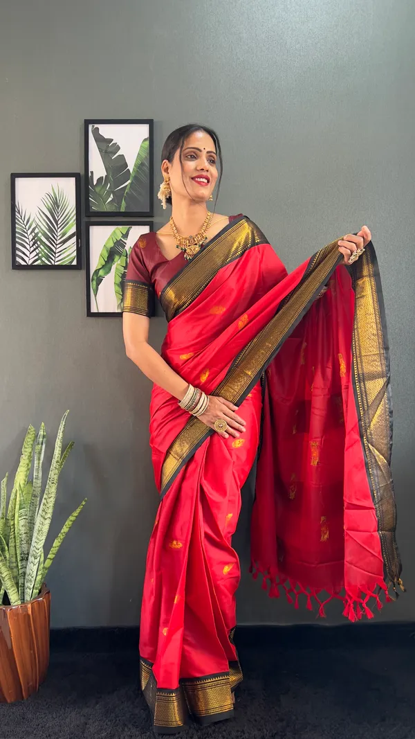 Red_Black_Ready_To_Wear_Pure_Kanjivaram_Silk_Saree_With_Blouse_Piece_For_Women