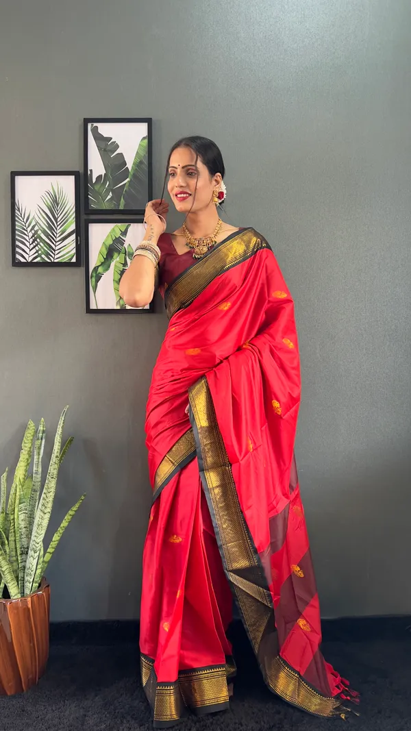 Red_Black_Ready_To_Wear_Pure_Kanjivaram_Silk_Saree_With_Blouse_Piece_For_Women
