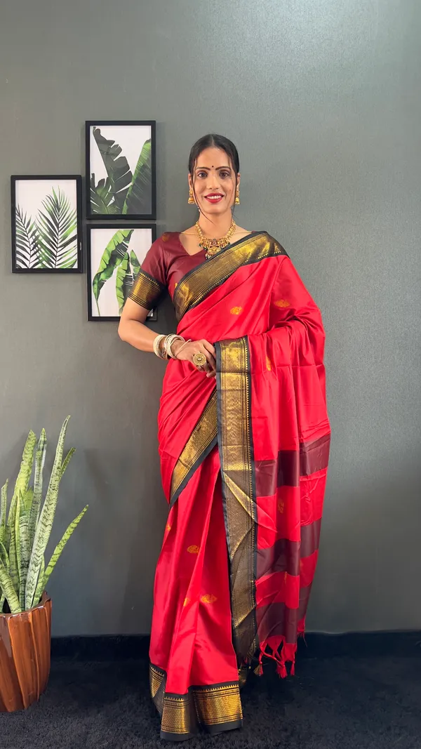 Red_Black_Ready_To_Wear_Pure_Kanjivaram_Silk_Saree_With_Blouse_Piece_For_Women