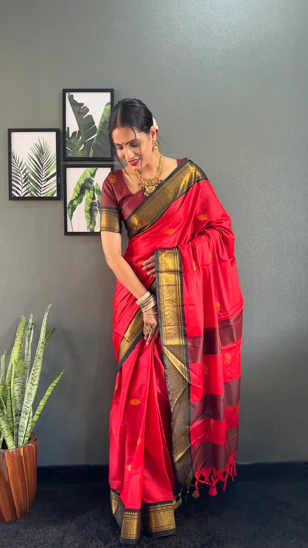 Red_Black_Ready_To_Wear_Pure_Kanjivaram_Silk_Saree_With_Blouse_Piece_For_Women