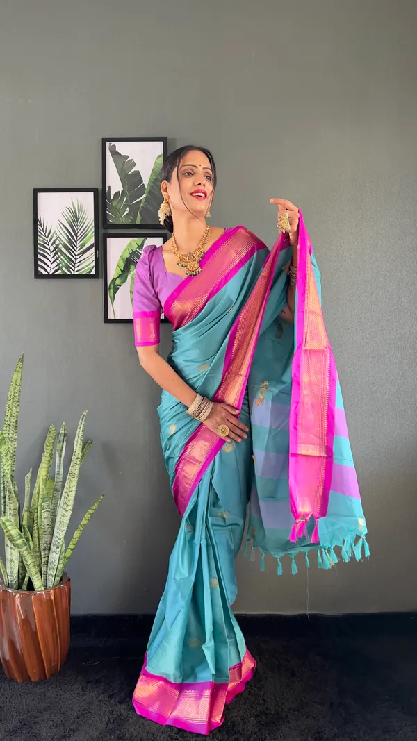 Sky_Pink_Ready_To_Wear_Pure_Kanjivaram_Silk_Saree_With_Blouse_Piece_For_Women