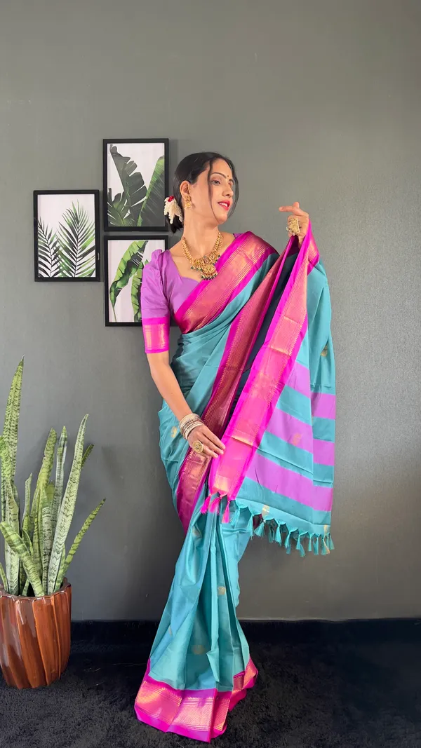 Sky_Pink_Ready_To_Wear_Pure_Kanjivaram_Silk_Saree_With_Blouse_Piece_For_Women