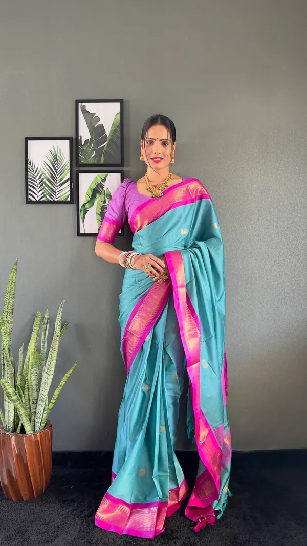 Sky_Pink_Ready_To_Wear_Pure_Kanjivaram_Silk_Saree_With_Blouse_Piece_For_Women
