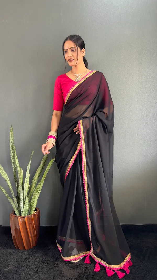 Black_Ready_To_Wear_Pure_Georgette_Saree_With_Fancy_Embroidlace_And_Blouse_Piece_For_Women