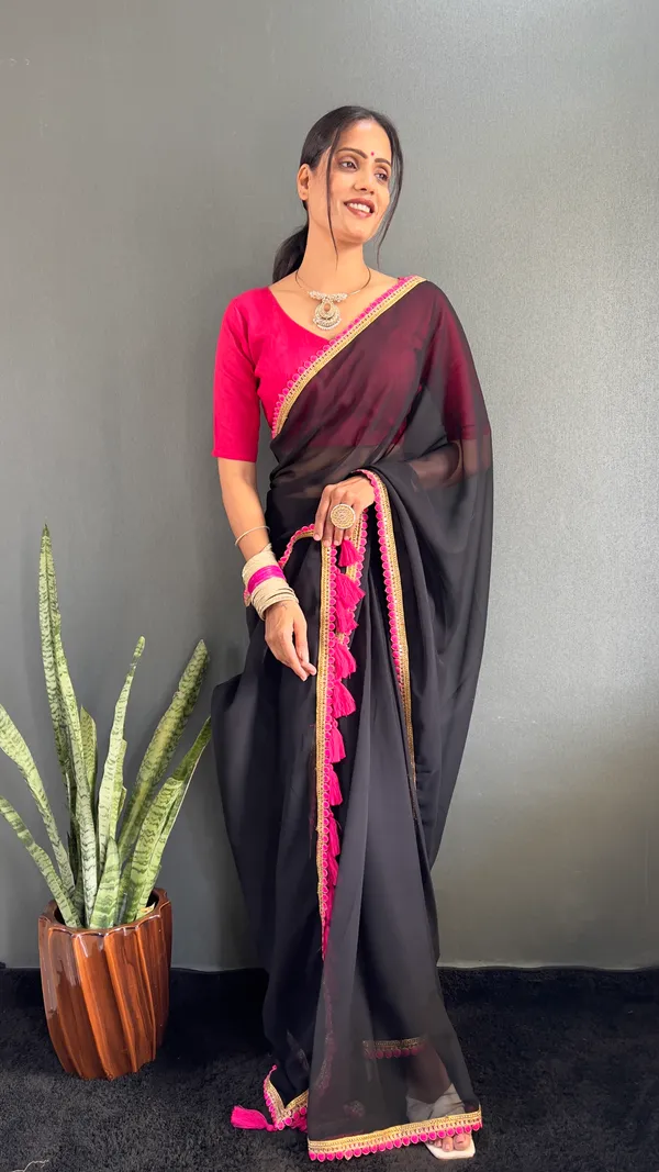 Black_Ready_To_Wear_Pure_Georgette_Saree_With_Fancy_Embroidlace_And_Blouse_Piece_For_Women