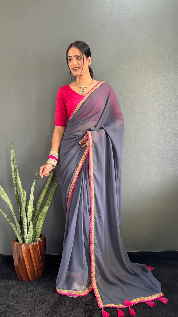 Grey_Ready_To_Wear_Pure_Georgette_Saree_With_Fancy_Embroidlace_And_Blouse_Piece_For_Women