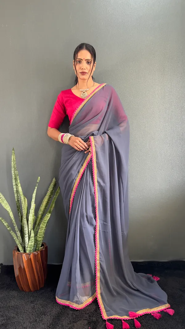 Grey_Ready_To_Wear_Pure_Georgette_Saree_With_Fancy_Embroidlace_And_Blouse_Piece_For_Women