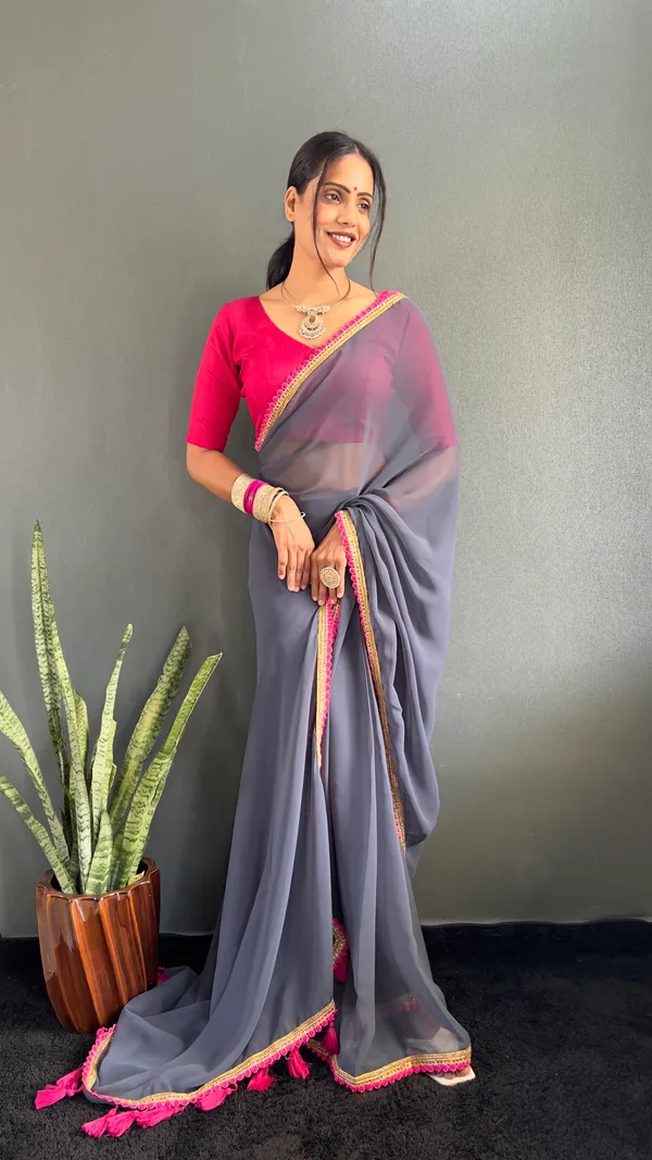 Grey_Ready_To_Wear_Pure_Georgette_Saree_With_Fancy_Embroidlace_And_Blouse_Piece_For_Women