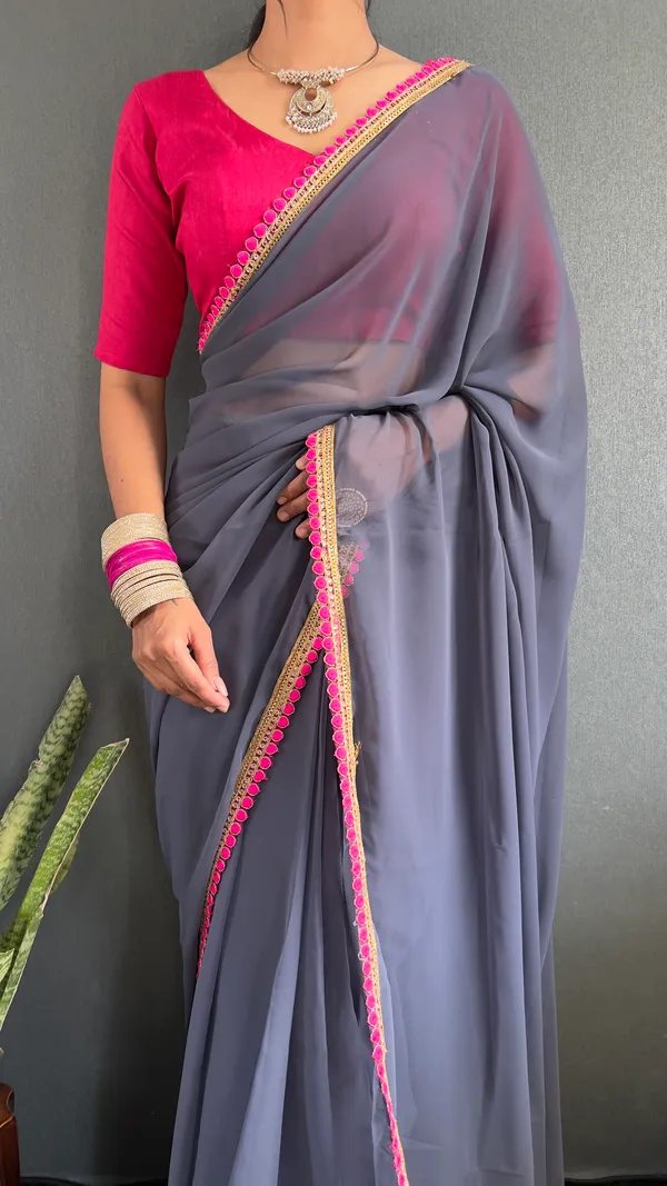 Grey_Ready_To_Wear_Pure_Georgette_Saree_With_Fancy_Embroidlace_And_Blouse_Piece_For_Women