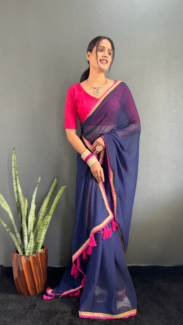 Navy_Ready_To_Wear_Pure_Georgette_Saree_With_Fancy_Embroidlace_And_Blouse_Piece_For_Women