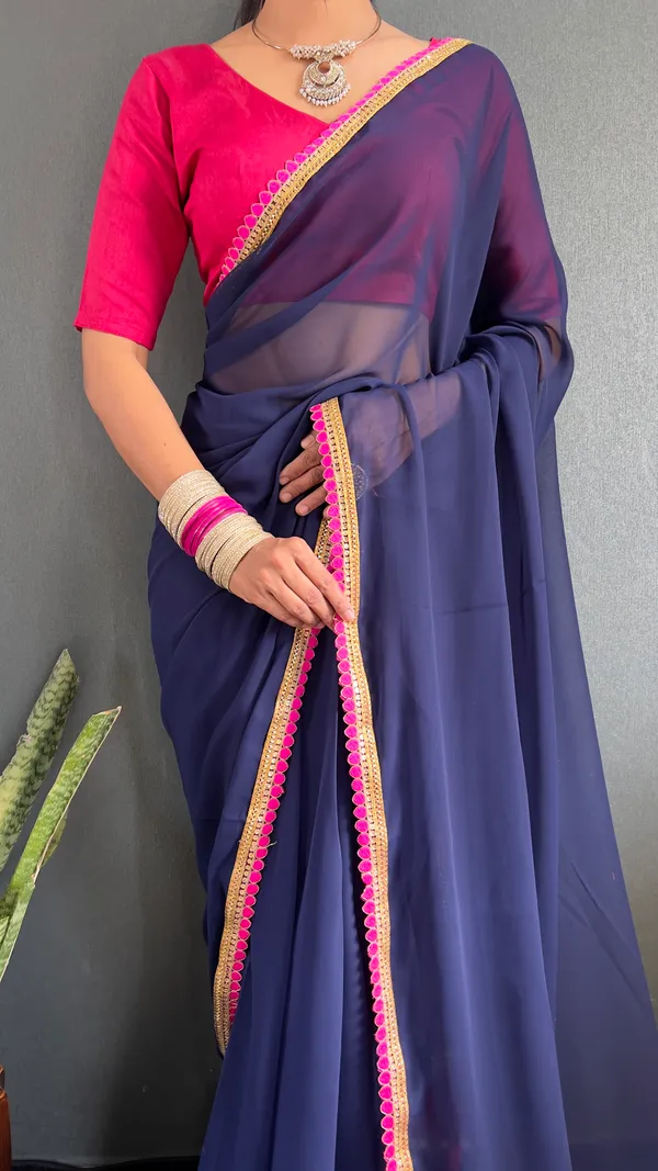 Navy_Ready_To_Wear_Pure_Georgette_Saree_With_Fancy_Embroidlace_And_Blouse_Piece_For_Women