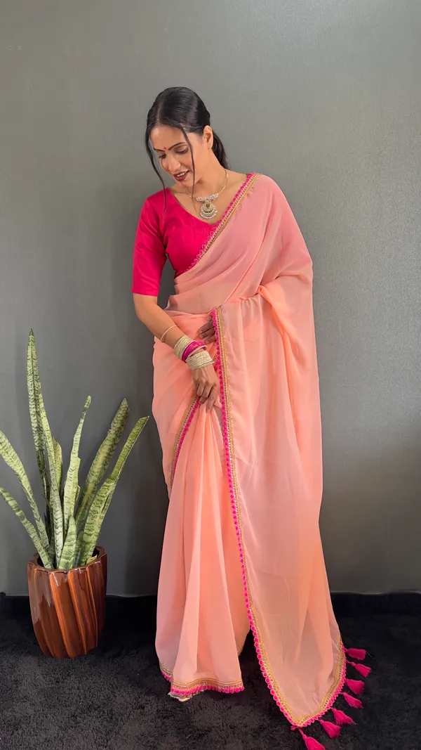 Peach_Ready_To_Wear_Pure_Georgette_Saree_With_Fancy_Embroidlace_And_Blouse_Piece_For_Women