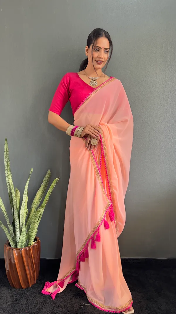 Peach_Ready_To_Wear_Pure_Georgette_Saree_With_Fancy_Embroidlace_And_Blouse_Piece_For_Women
