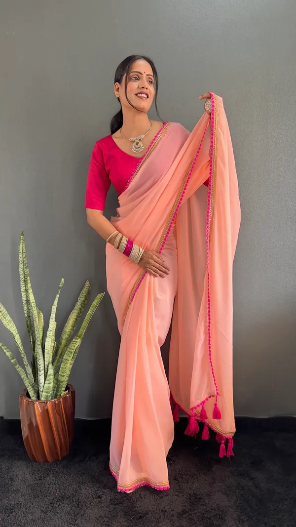 Peach_Ready_To_Wear_Pure_Georgette_Saree_With_Fancy_Embroidlace_And_Blouse_Piece_For_Women