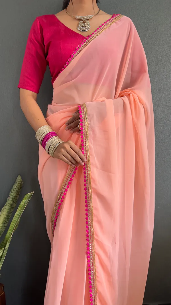 Peach_Ready_To_Wear_Pure_Georgette_Saree_With_Fancy_Embroidlace_And_Blouse_Piece_For_Women