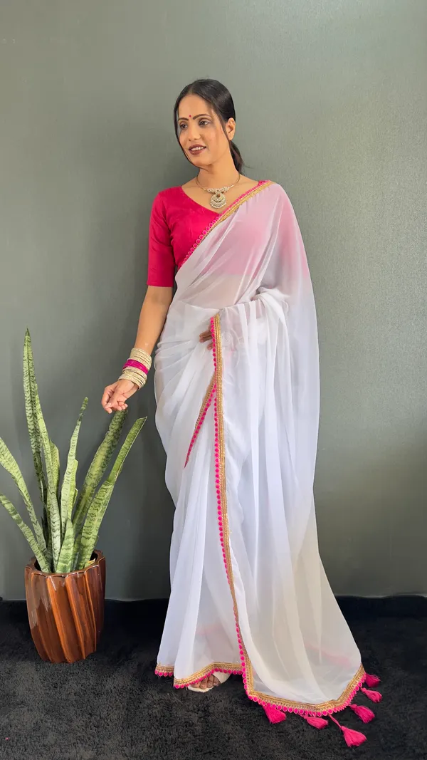 White_Ready_To_Wear_Pure_Georgette_Saree_With_Fancy_Embroidlace_And_Blouse_Piece_For_Women