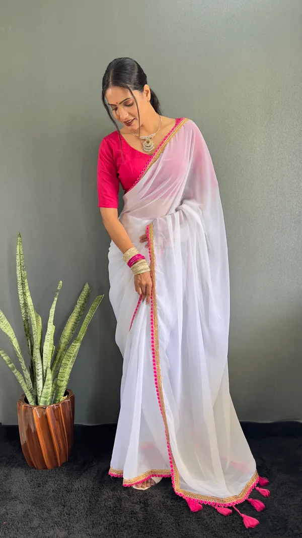 White_Ready_To_Wear_Pure_Georgette_Saree_With_Fancy_Embroidlace_And_Blouse_Piece_For_Women