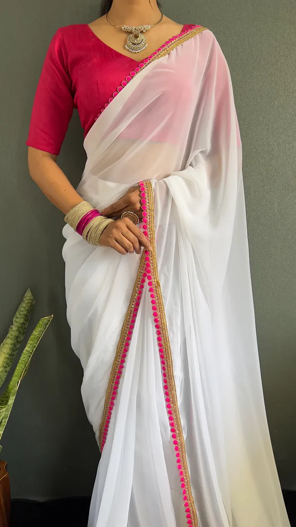White_Ready_To_Wear_Pure_Georgette_Saree_With_Fancy_Embroidlace_And_Blouse_Piece_For_Women